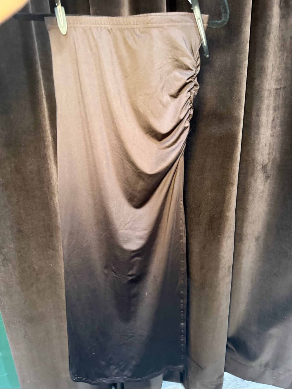 SHEIN Brown High-Low Ruched Side Midi Skirt